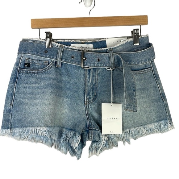 NWT KanCan Women Jean Denim Shorts SZ 7/27 Mid Rise Distressed Belt - Picture 1 of 13